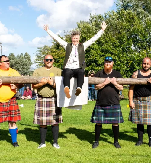 Ali McGrandles Stirling Highland Games chieftain 2022 and heavyweight athletes